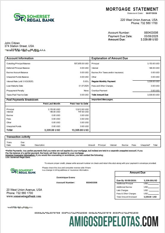 Extrato de hipoteca do Somerset Regal Bank dos EUA em formatos Word e PDF baixar para verificação